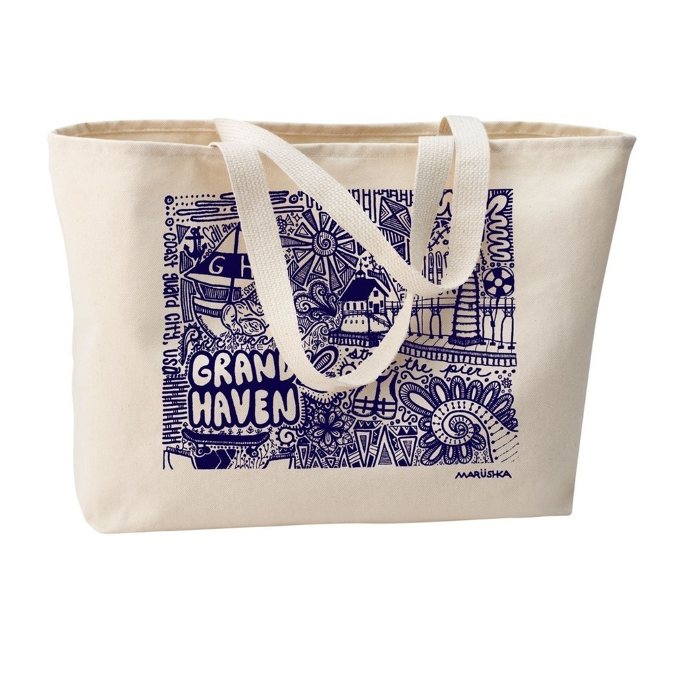 Marushka Tote Bag Grand Haven Michigan Doodle Print Natural‎ Beige Canvas